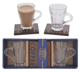 Gents Society Coffee Cup and Coaster Set of 2 Glass Latte Cups with Wooden Coasters