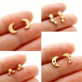 4 Pairs Fashion Punk Stainless Steel Earring Cute Star Moon Stud Jewelry Golden
