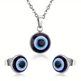 Evil Eye Pendant Necklace with Matching Stud Earrings Jewelry Silver