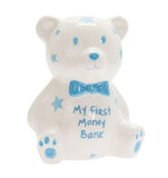 My First Money Bank Mini Teddy Money Box Ceramic White with Stars - Blue