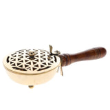 Brass Incense Burner Flower of Life Holder Wooden Handle - 10x22cm