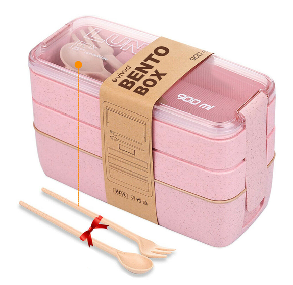 900ml Lunch Box 3-Layer Bento Box Students Eco-Friendly Leakproof Food Container - Pink