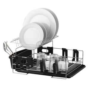 D.Line 2-Tier Stainless Steel Dish Rack w/ Draining Tray - Silver/Black