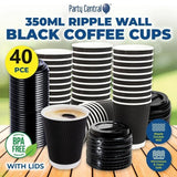 40PCE Disposable Cofee Cups Paper Cup Rippled With Lid Takeaway - 350ml