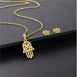 Hamsa Hand Necklace and Earring Set Golden Plated Stainless Steel Jewelry Gold