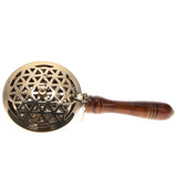 Brass Incense Burner Flower of Life Holder Wooden Handle - 10x22cm
