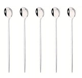 5 Pcs of Colored Coffee Tea Stirring Spoons Long Handled Spoon Round - Silver