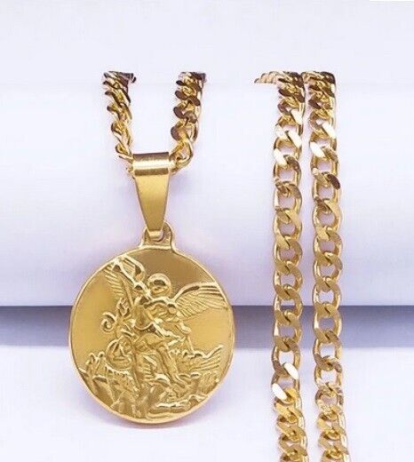 Archangel Saint Michael Medal Pendant Necklace Protection Amulet Gold Gift