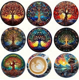 8pcs Life Tree Art Wooden Coaster Set Non Slip Office Cups Drink Mats Home Decor