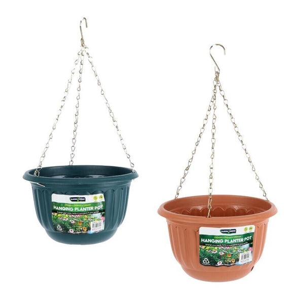 2x Planter Pot Round Hanging Chain Green & Terracotta 25cm x 25cm x 15cm