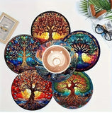 8pcs Life Tree Art Wooden Coaster Set Non Slip Office Cups Drink Mats Home Decor