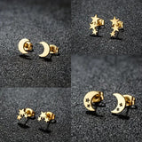 4 Pairs Fashion Punk Stainless Steel Earring Cute Star Moon Stud Jewelry Golden