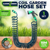 Garden Greens Garden Hose Set Coil Design 7 Dial Spray Gun & Fittings 15m