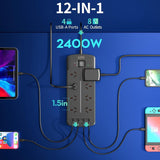 Power Strip with 8 AC Outlets and 4 USB Charging Ports 2400W/10A 525 Joules