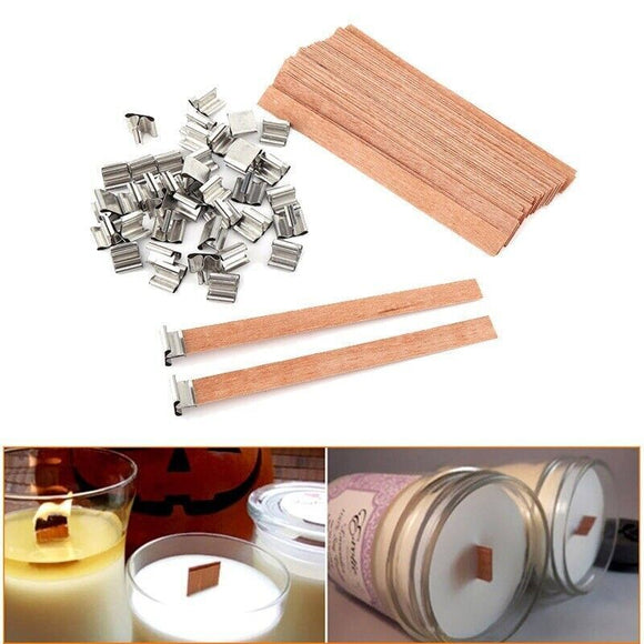 50X Wooden Candle Wicks Wick Tabs Low Smoke Sustainers Core Holder Soap Party