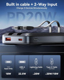 Mini Power Bank 10000mAh 22.5W Portable Powerbank Built-in Cable 3IN1 USB-C