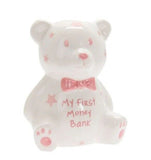 My First Money Bank Mini Teddy Money Box Ceramic White with Stars - Pink