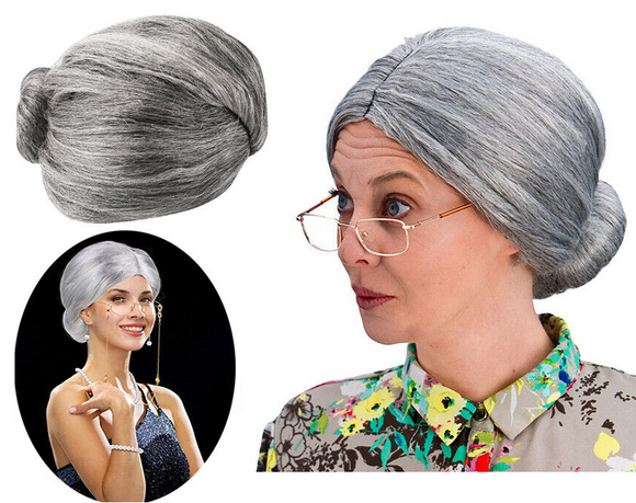GRANDMA WIG Grey Hair Old Lady Granny Fancy Dress Costume Party Grand Mother