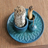 4in1 Ceramic Incense Burner w/ Palo Santo Base Perfect Sage Candles Sticks Blue