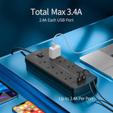 Power Strip with 8 AC Outlets and 4 USB Charging Ports 2400W/10A 525 Joules