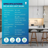 2PK Bulb 9W LED Cool White Bayonet B22 Energy Saving Lasting Light Globe