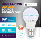1PK Bulb 9W LED Cool White Bayonet B22 Energy Saving Lasting Light Globe