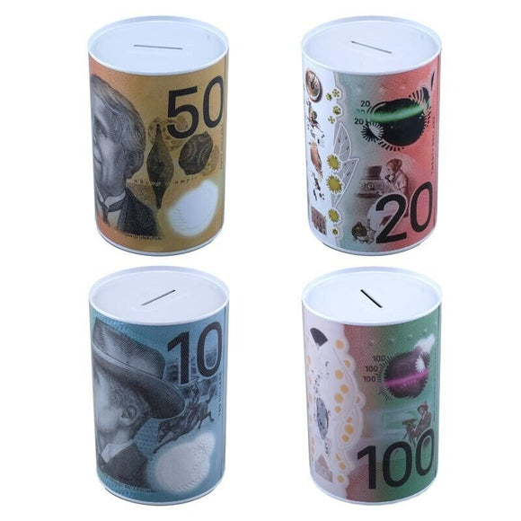 Money Tin Australian Box Jar Piggy Bank Coin Currency Design 15cm x 10cm