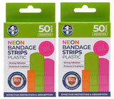 100pk Bandage Strips Neon Assorted Sizes Plastic PVC Adhesive Bandages Flexible