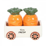 Carrot Shaped Ceramic Salt and Pepper Shakers in Wagon