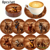 8pcs Cute Highland Cow Wooden Coasters Heat Resistant Cup Mats Gift