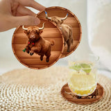 8pcs Cute Highland Cow Wooden Coasters Heat Resistant Cup Mats Gift