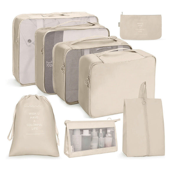 8x Storage Bag Travel Packing Pouches Luggage Organiser Clothes Suitcase - Beige