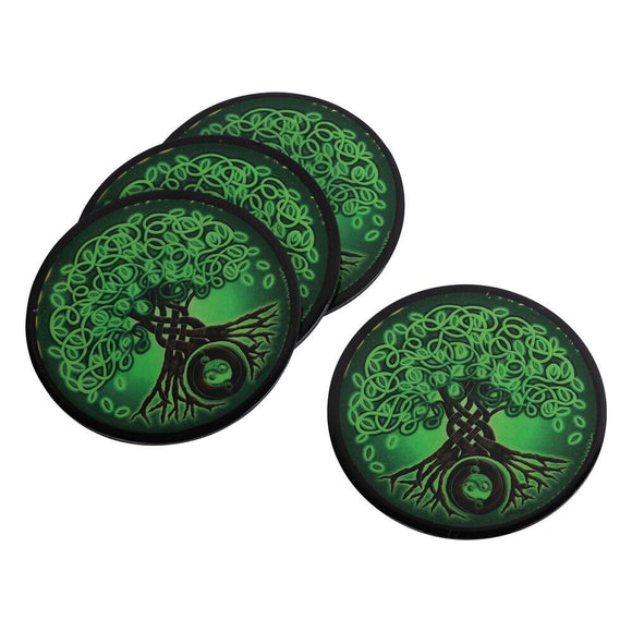 4PC Tree of Life Coasters Set Celtic Tree Print Decor Barware Drink Holder Iron 9cm - BLK And Green