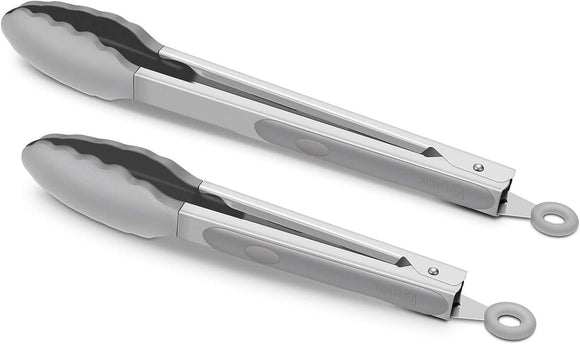 Set of 2 Cooking Tongs 9-Inch & 12-Inch Premium Silicone BPA Free NonStick Grey