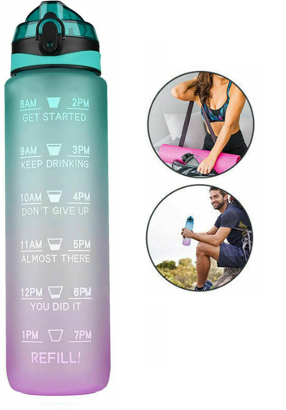 Water Bottle 1L Motivational Drink Flask With Time Markings Sport Gym - Green Purple