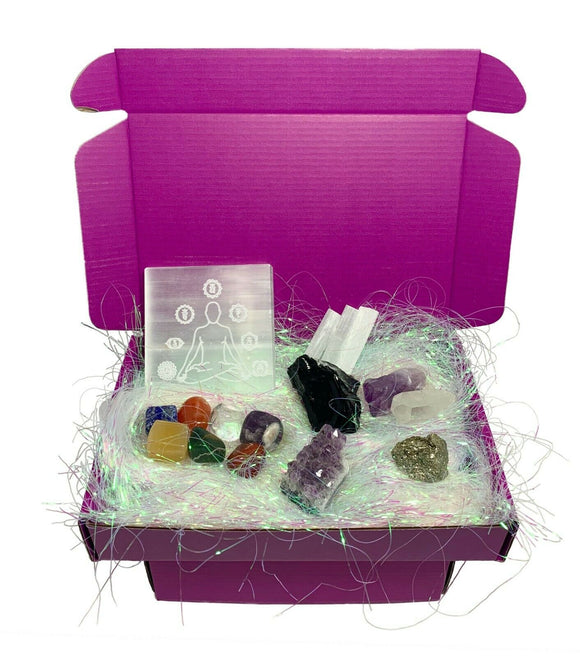 Wellness Treasure Box Crystal Gift Set Amethyst Clear Quartz 7 Chakras Selenite