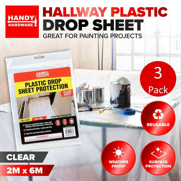 3Pcs Plastic Drop Sheet Protection Clear Reusable Durable 2m x 6m Handy Hardware