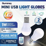 2PK Mini USB Light Lamp illuminex 1W 5V Cool White USB Bulb Night Globes