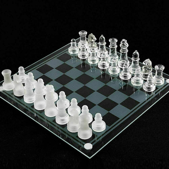 Glass Chess Game Set Frosted Polished Board Padded Bottom Elegant Crystal Gambit