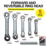 5pc Ratchet Wrench Set Offset Ring Spanner Tool Kit Reversible Double-Head Hand