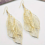 Multi-layer Hollow Leaf Pendant Golden Dangle Earrings Retro Boho Style Alloy