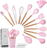 18+6 pcs Silicone Cooking Utensils Set with Wooden Handles & Holder Gadge - Pink