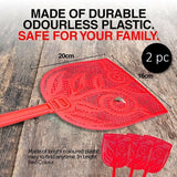 Fly Swatter Jumbo Flexible Head Durable Plastic Flies Spiders 20x16cm 2pc Red