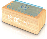 Wooden Alarm Clock with Wireless Charging Pad LED Digital Clock with Large Date