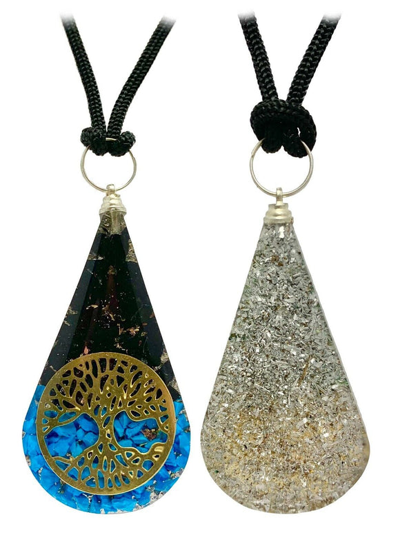 Black Tourmaline & Turquoise Tree of Life Teardrop Orgonite Pendant Necklace