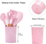 18+6 pcs Silicone Cooking Utensils Set with Wooden Handles & Holder Gadge - Pink