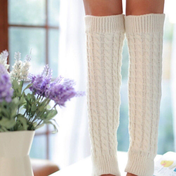 Women Ladies Warm Leg Warmers Cable Knit Knitted Crochet Socks Leggings -White