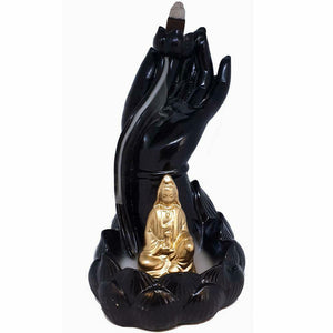 Ceramic Kwan Yin Lotus Hand Backflow Cone Incense Burner Holder Waterfall Yoga