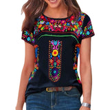 Floral Print Ethnic T-shirt Boho Crew Neck Short Sleeve Summer Women's Size S