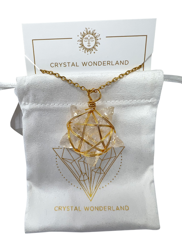 Clear Quartz Rough Star Shape Pendant Necklace Gold Healing Crystal